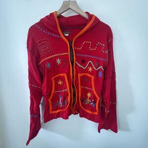 Rising International 100% Cotton Embroidered Red Zip Up Hoodie - Large